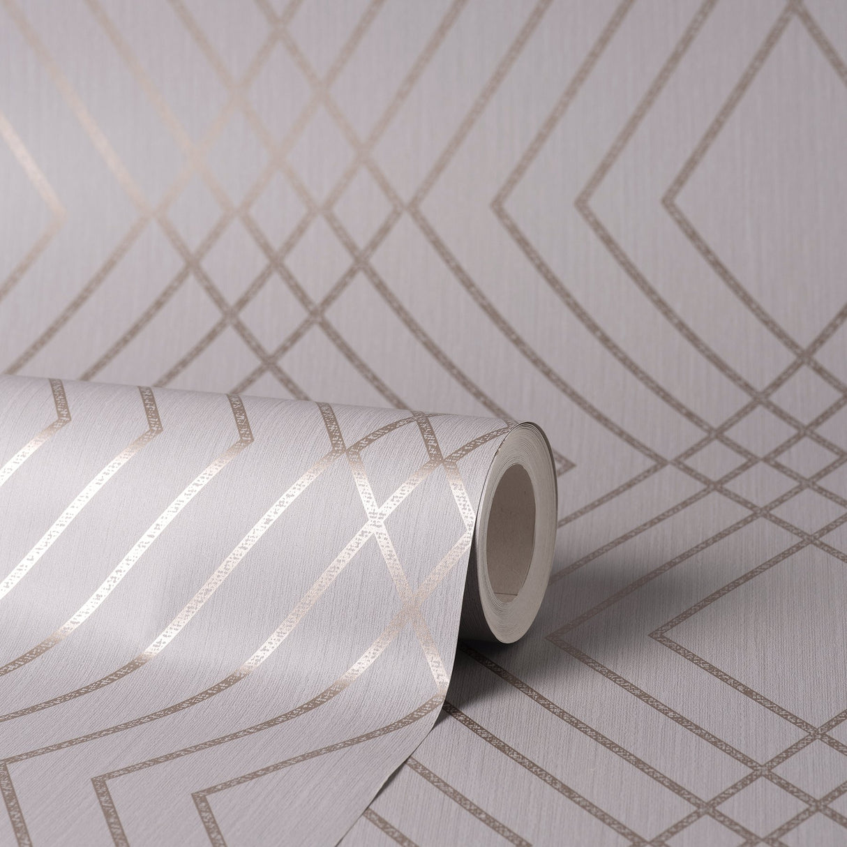 Shard Grey Trellis Wallpaper with Metallic Bronze Geometric Feature Wall Pattern - Fine Decor FD42604