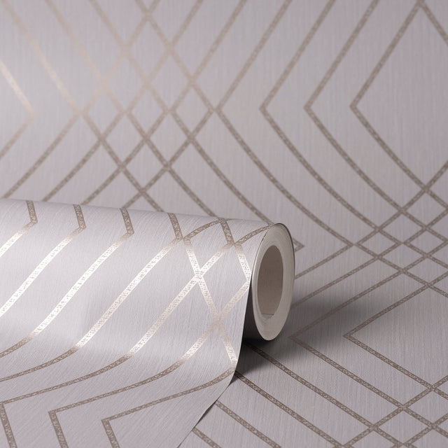 Shard Grey Trellis Wallpaper with Metallic Bronze Geometric Feature Wall Pattern - Fine Decor FD42604