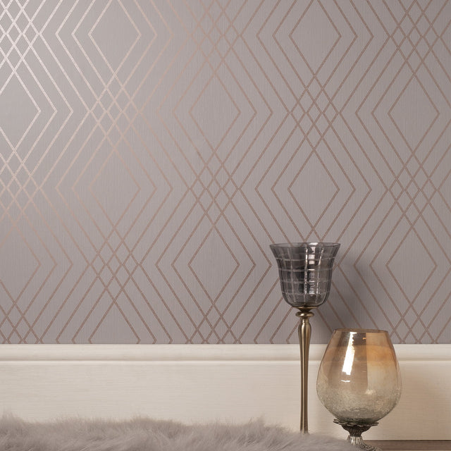 Shard Grey Trellis Wallpaper with Metallic Bronze Geometric Feature Wall Pattern - Fine Decor FD42604