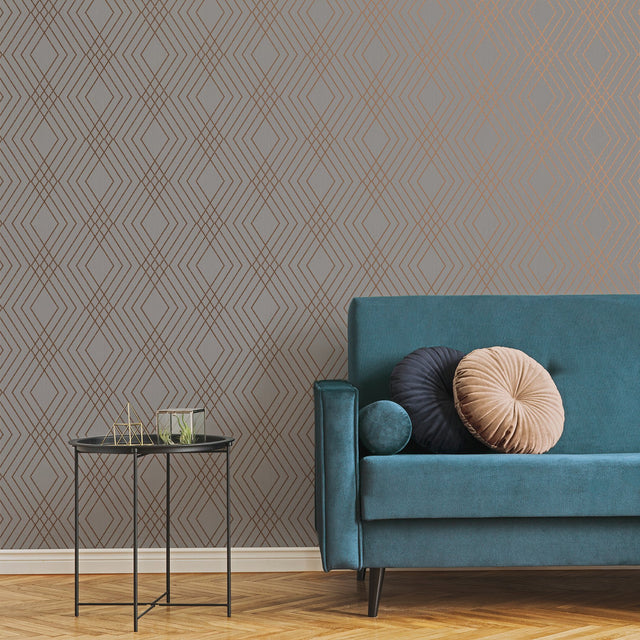 Shard Grey Trellis Wallpaper with Metallic Bronze Geometric Feature Wall Pattern - Fine Decor FD42604