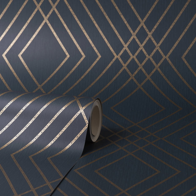 Shard Navy Trellis Wallpaper with Glam Geometric Trellis Pattern - Fine Decor FD42605