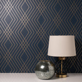Shard Navy Trellis Wallpaper with Glam Geometric Trellis Pattern - Fine Decor FD42605