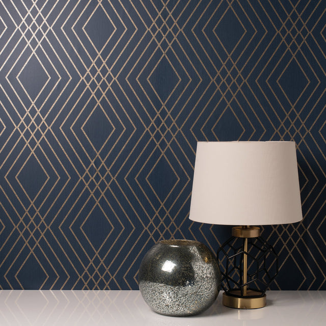 Shard Navy Trellis Wallpaper with Glam Geometric Trellis Pattern - Fine Decor FD42605