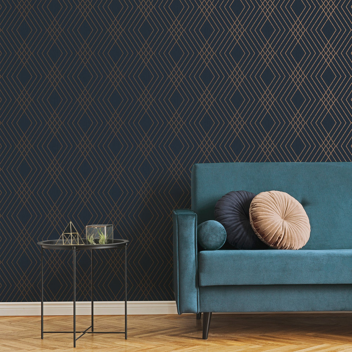 Shard Navy Trellis Wallpaper with Glam Geometric Trellis Pattern - Fine Decor FD42605