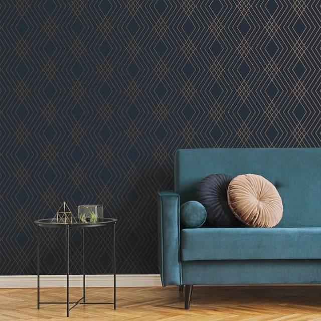 Shard Navy Trellis Wallpaper with Glam Geometric Trellis Pattern - Fine Decor FD42605