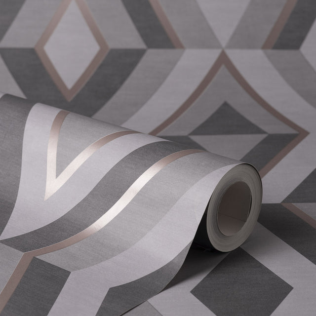 Shard Charcoal Geometric Wallpaper with Metallic Abstract Geometric Motif - Fine Decor FD42607