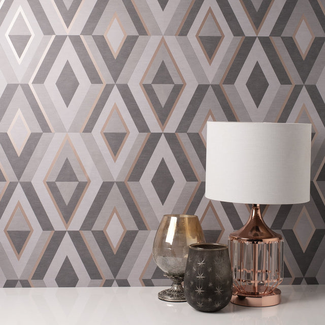 Shard Charcoal Geometric Wallpaper with Metallic Abstract Geometric Motif - Fine Decor FD42607