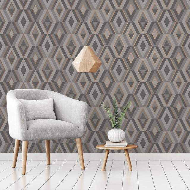 Shard Charcoal Geometric Wallpaper with Metallic Abstract Geometric Motif - Fine Decor FD42607