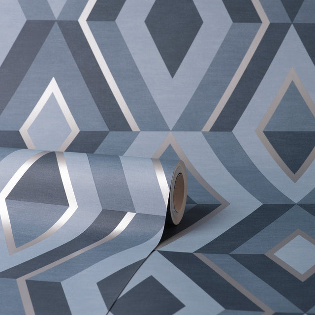 Shard Blue Geometric Wallpaper with Metallic Modern Abstract Geometrics - Fine Decor FD42608