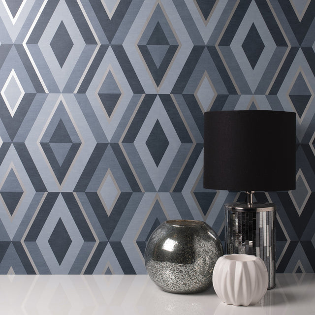 Shard Blue Geometric Wallpaper with Metallic Modern Abstract Geometrics - Fine Decor FD42608