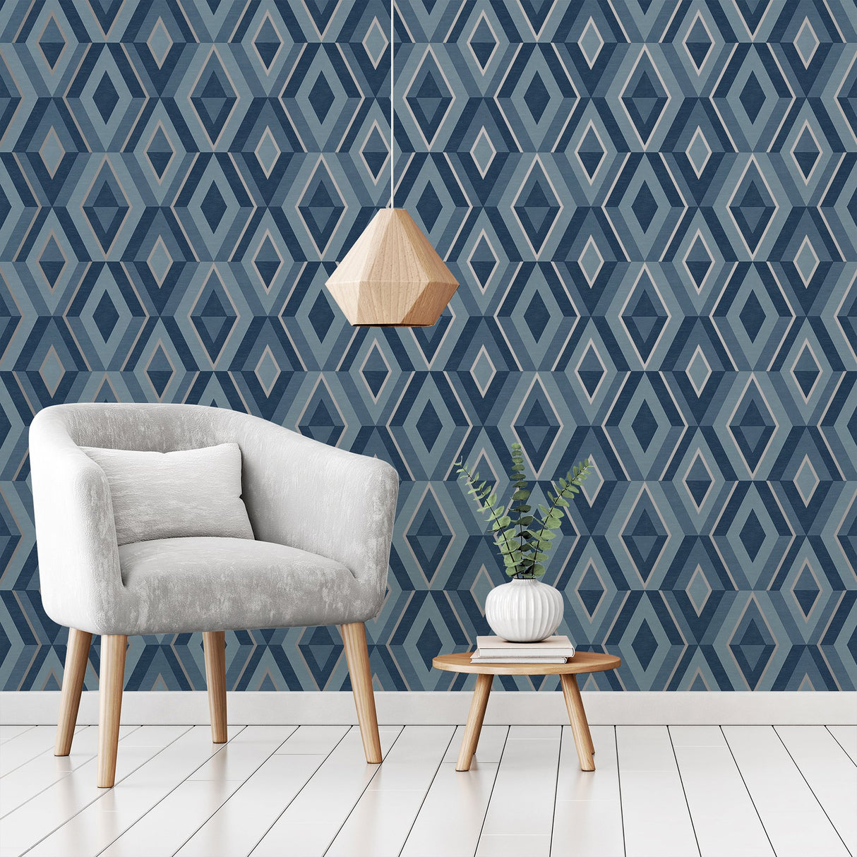 Shard Blue Geometric Wallpaper with Metallic Modern Abstract Geometrics - Fine Decor FD42608