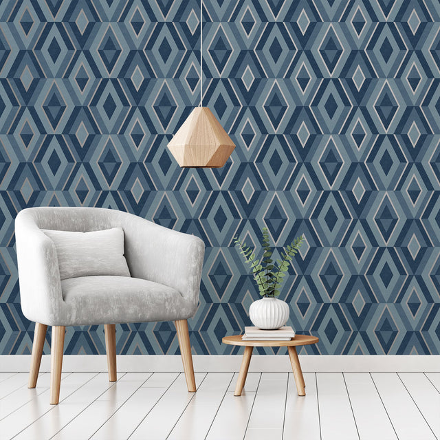 Shard Blue Geometric Wallpaper with Metallic Modern Abstract Geometrics - Fine Decor FD42608