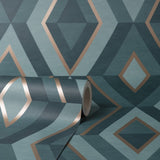 Shard Turquoise Geometric Wallpaper with Metallic Trellis Accents - Fine Decor FD42609