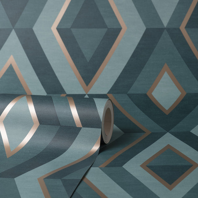 Shard Turquoise Geometric Wallpaper with Metallic Trellis Accents - Fine Decor FD42609