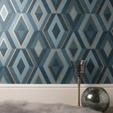Shard Turquoise Geometric Wallpaper with Metallic Trellis Accents - Fine Decor FD42609