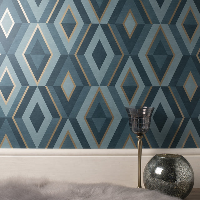 Shard Turquoise Geometric Wallpaper with Metallic Trellis Accents - Fine Decor FD42609