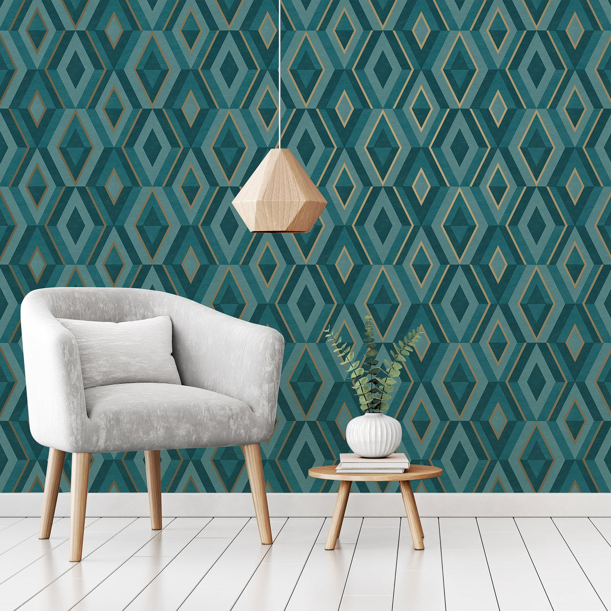 Shard Turquoise Geometric Wallpaper with Metallic Trellis Accents - Fine Decor FD42609