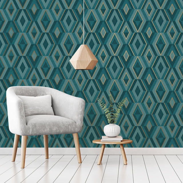 Shard Turquoise Geometric Wallpaper with Metallic Trellis Accents - Fine Decor FD42609