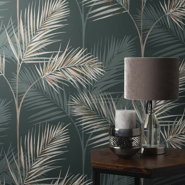 South Beach Evergreen Fronds Wallpaper with Tropical Botanical Pattern - Fine Decor FD42679