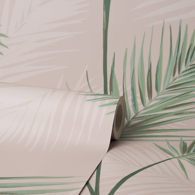 South Beach Blush Fronds Wallpaper with Tropical Botanical Palm Pattern - Fine Decor FD42680