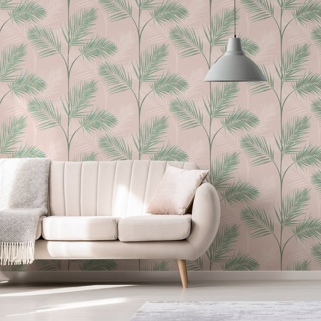 South Beach Blush Fronds Wallpaper with Tropical Botanical Palm Pattern - Fine Decor FD42680