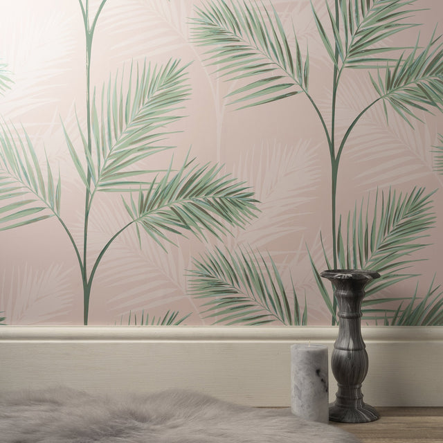 South Beach Blush Fronds Wallpaper with Tropical Botanical Palm Pattern - Fine Decor FD42680