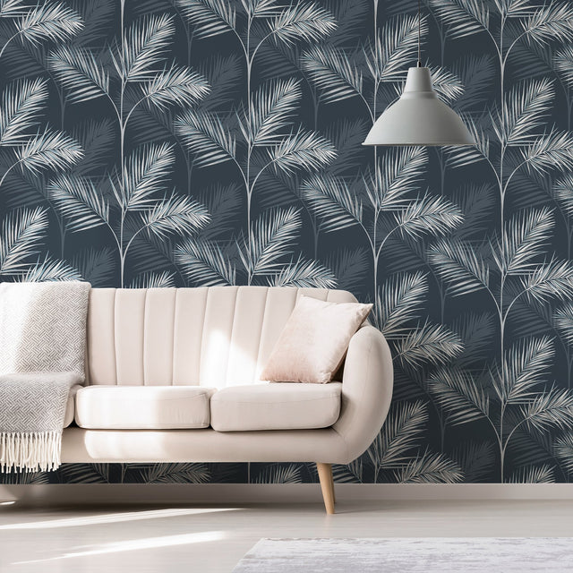 South Beach Navy Fronds Wallpaper