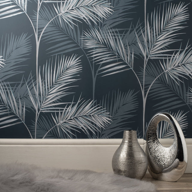 South Beach Navy Fronds Wallpaper