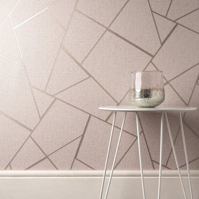 Quartz Blush Fractal Geometric Wallpaper with Metallic Glam Finish - Fine Decor FD42682