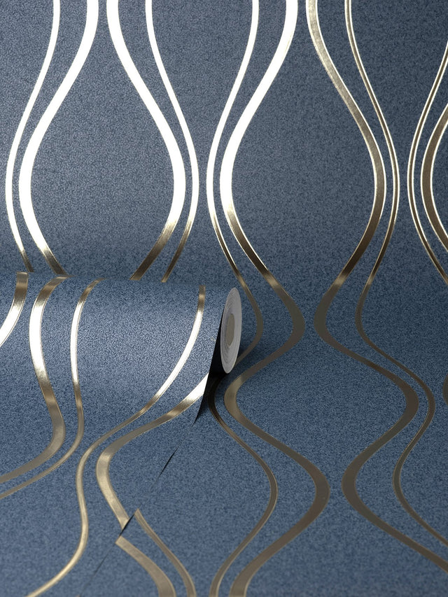 Odie Blue Contour Wave Wallpaper with Metallic Gold Ogee Waves - Fine Decor FD42801