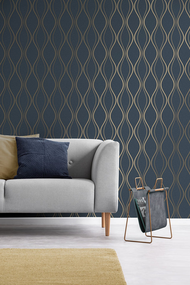 Odie Blue Contour Wave Wallpaper with Metallic Gold Ogee Waves - Fine Decor FD42801