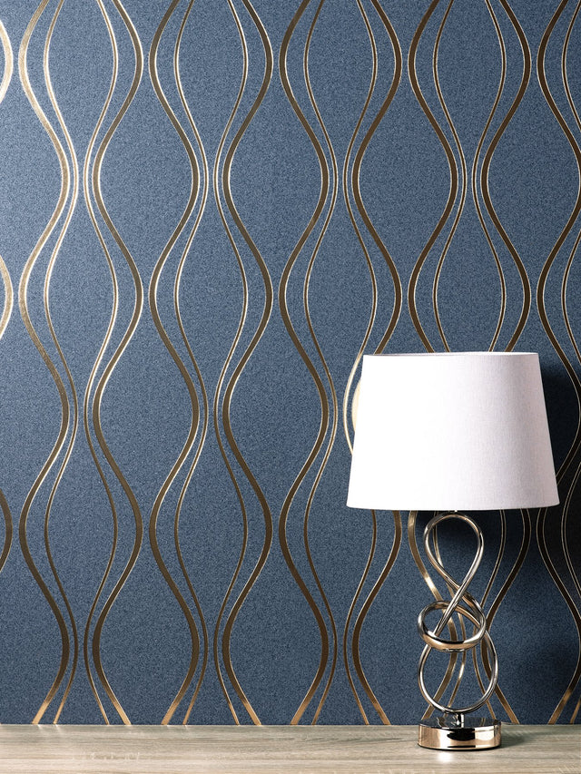 Odie Blue Contour Wave Wallpaper with Metallic Gold Ogee Waves - Fine Decor FD42801