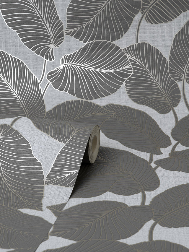 Larson Grey Leaf Wallpaper with Modern Botanical Leaf Pattern - Fine Decor FD42819