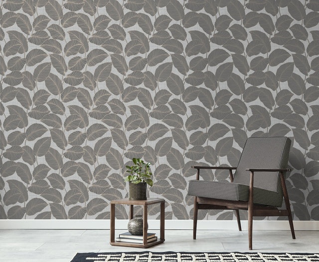 Larson Grey Leaf Wallpaper with Modern Botanical Leaf Pattern - Fine Decor FD42819
