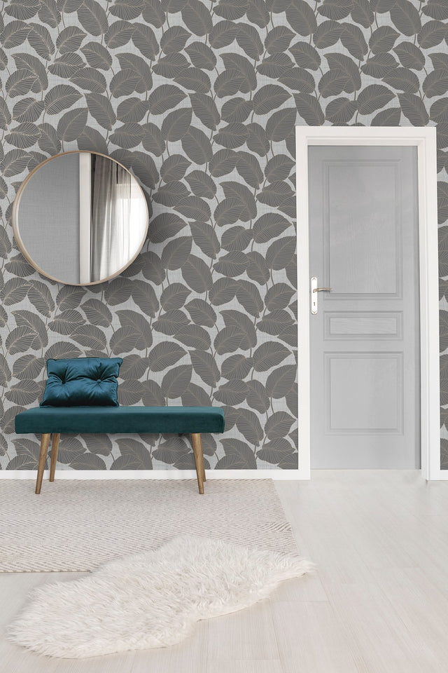 Larson Grey Leaf Wallpaper with Modern Botanical Leaf Pattern - Fine Decor FD42819