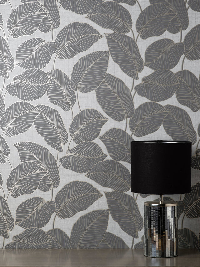 Larson Grey Leaf Wallpaper with Modern Botanical Leaf Pattern - Fine Decor FD42819