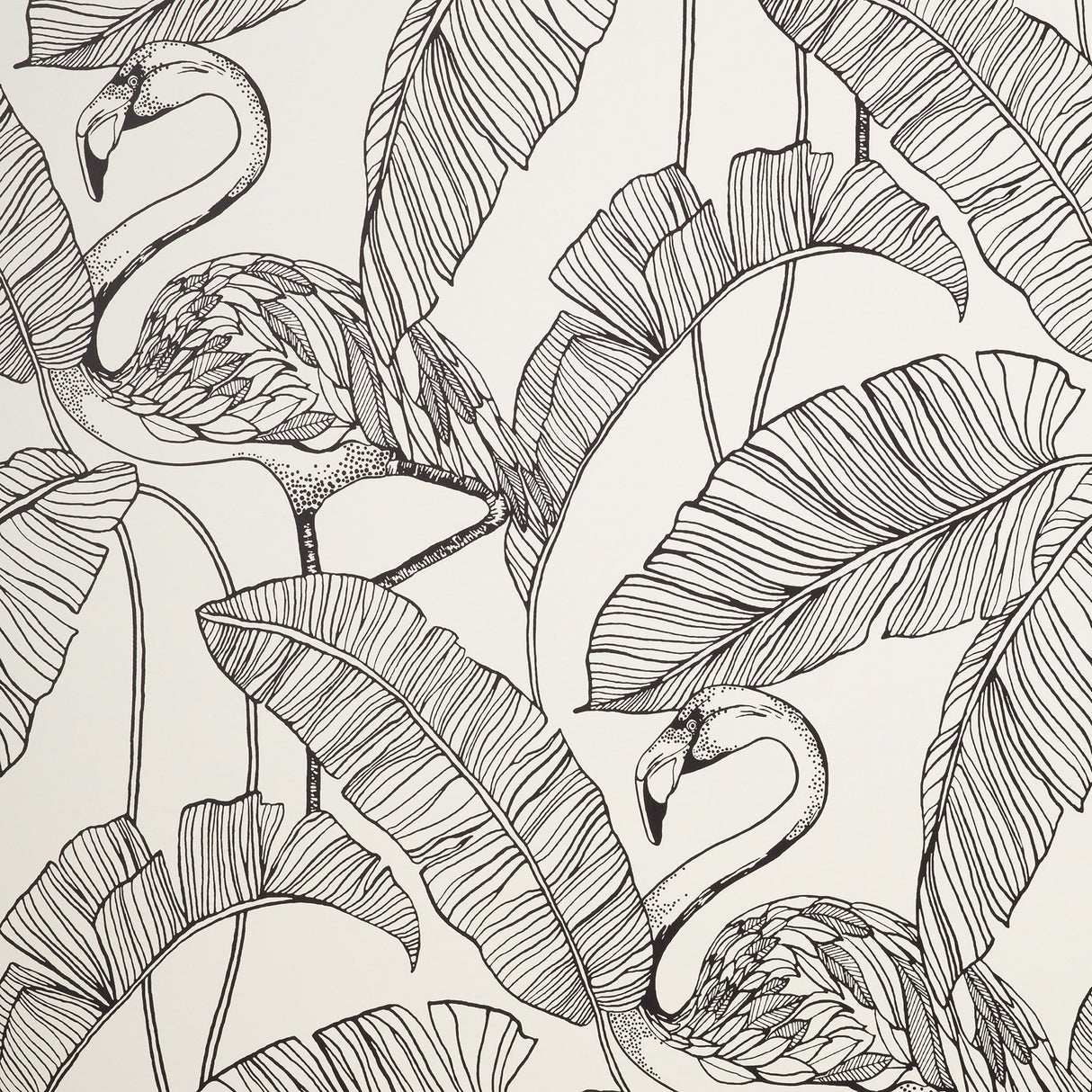 Mulholland White Flamingo Wallpaper with Tropical Leaf Line Art - Fine Decor FD42944