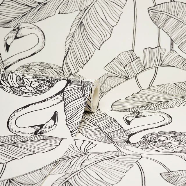 Mulholland White Flamingo Wallpaper with Tropical Leaf Line Art - Fine Decor FD42944