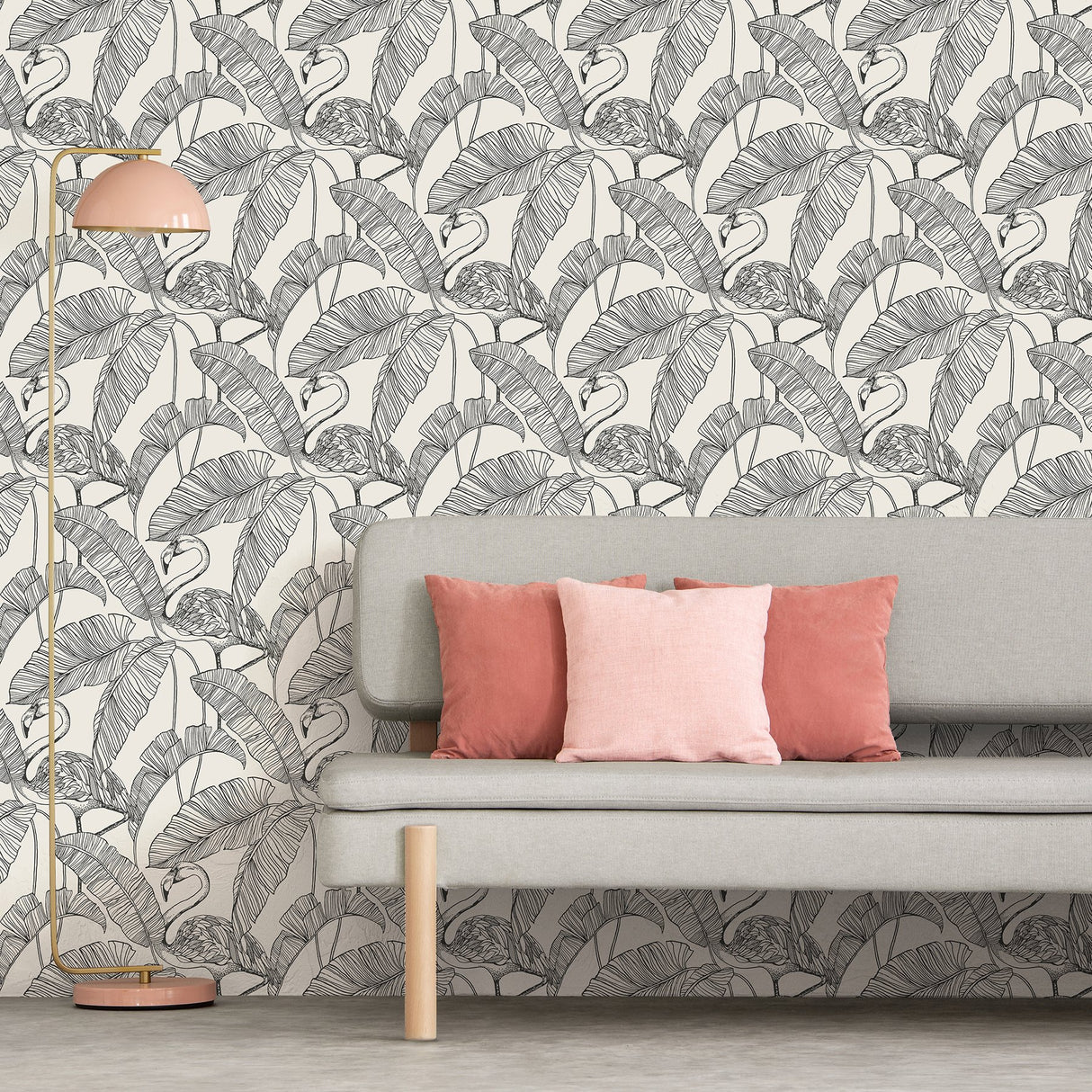 Mulholland White Flamingo Wallpaper with Tropical Leaf Line Art - Fine Decor FD42944
