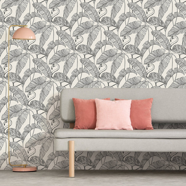 Mulholland White Flamingo Wallpaper with Tropical Leaf Line Art - Fine Decor FD42944