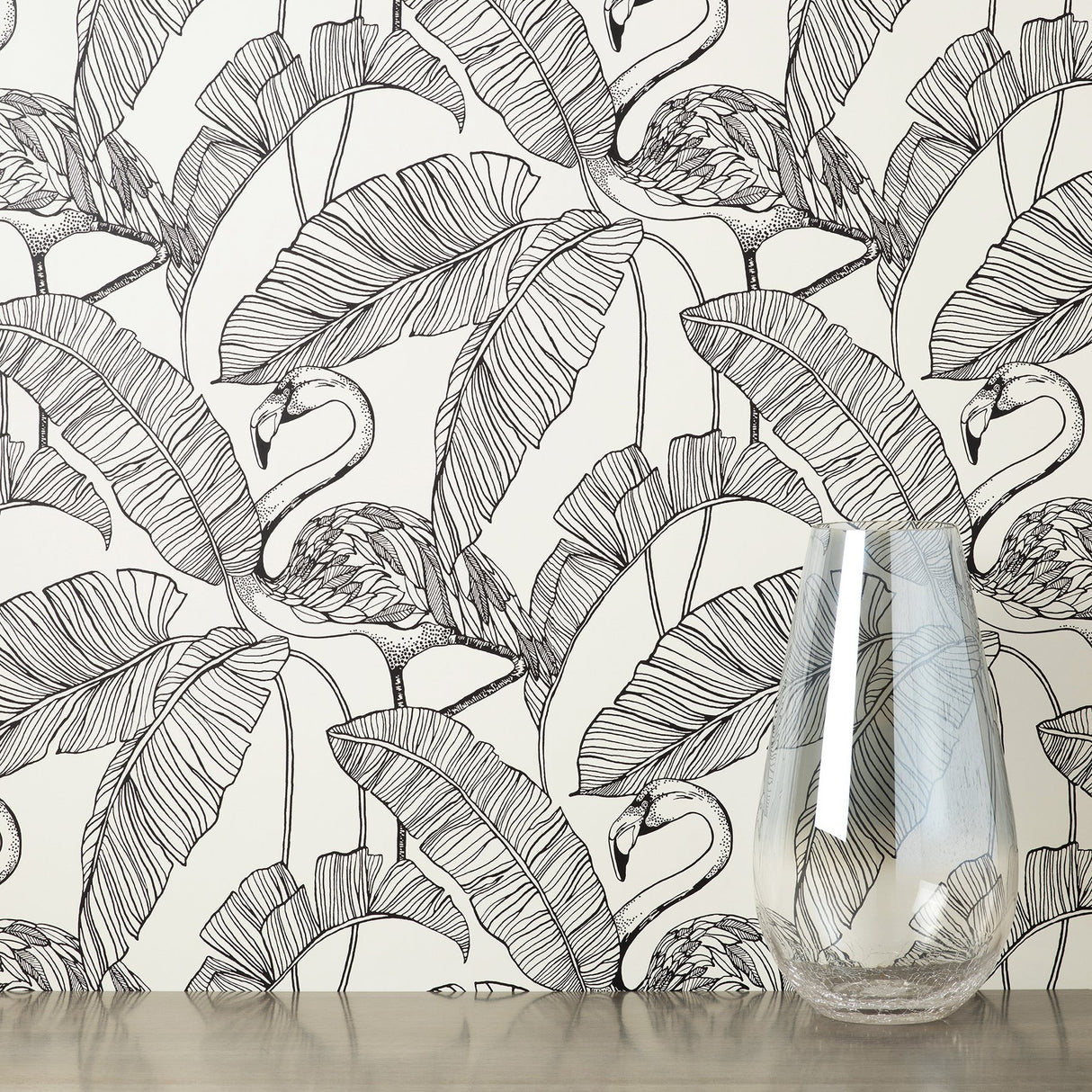 Mulholland White Flamingo Wallpaper with Tropical Leaf Line Art - Fine Decor FD42944