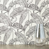 Mulholland White Flamingo Wallpaper with Tropical Leaf Line Art - Fine Decor FD42944