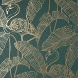 Mulholland Dark Green Flamingo Wallpaper with Metallic Gold Tropical Flamingo Motif - Fine Decor FD42946