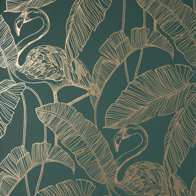 Mulholland Dark Green Flamingo Wallpaper with Metallic Gold Tropical Flamingo Motif - Fine Decor FD42946