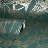 Mulholland Dark Green Flamingo Wallpaper with Metallic Gold Tropical Flamingo Motif - Fine Decor FD42946