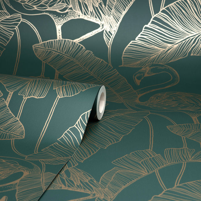 Mulholland Dark Green Flamingo Wallpaper with Metallic Gold Tropical Flamingo Motif - Fine Decor FD42946