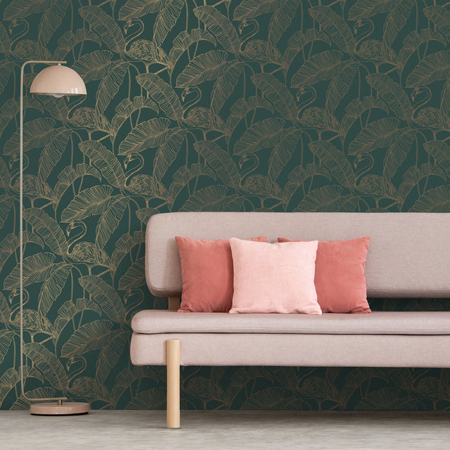 Mulholland Dark Green Flamingo Wallpaper with Metallic Gold Tropical Flamingo Motif - Fine Decor FD42946