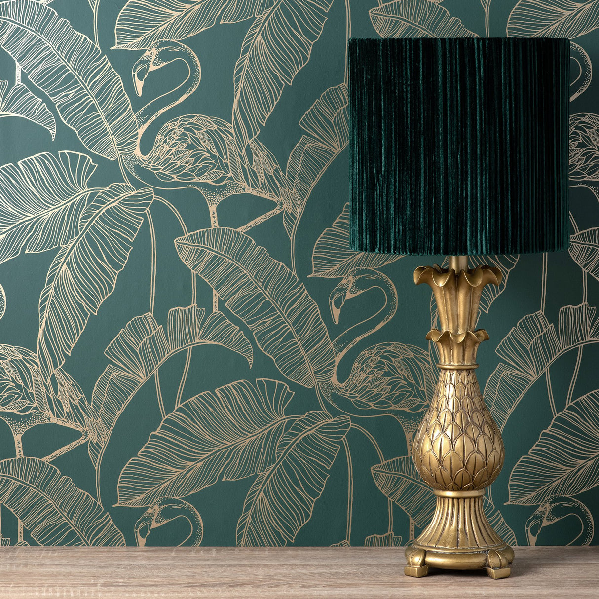 Mulholland Dark Green Flamingo Wallpaper with Metallic Gold Tropical Flamingo Motif - Fine Decor FD42946