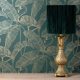 Mulholland Dark Green Flamingo Wallpaper with Metallic Gold Tropical Flamingo Motif - Fine Decor FD42946