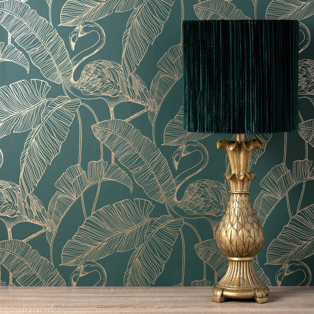 Mulholland Dark Green Flamingo Wallpaper with Metallic Gold Tropical Flamingo Motif - Fine Decor FD42946